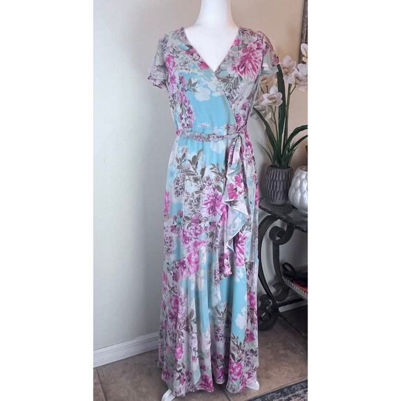 Eliza J Cascading Ruffled Floral Maxi Dress Faux Wrap Flutter Sleeve A-Line 10 - Picture 3 of 13